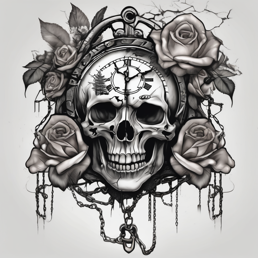 tattoo fool sleeve, tree roots break out of the chains, broken mask, clock with flying numbers, girl and skull, roses glitter tattoo, AI-generated Realistic tattoo design